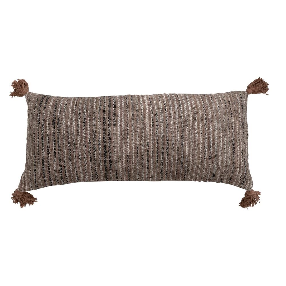 1395 Woven Cotton Striped Lumbar Chambray Back and Tassels Pillow, 36" L x